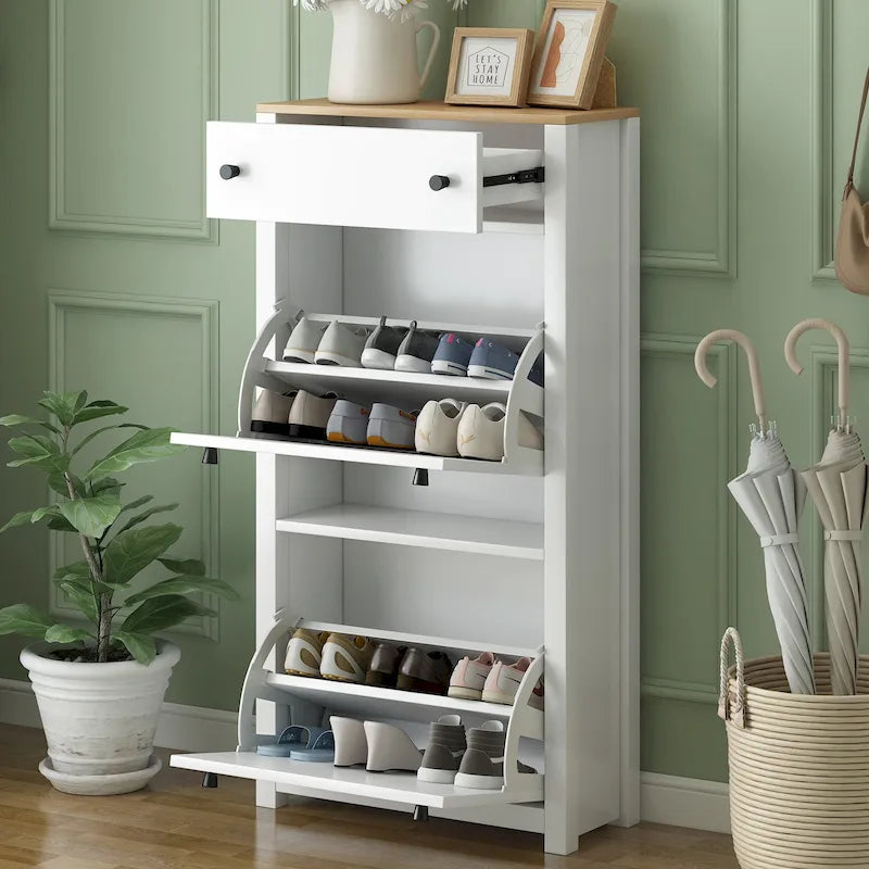 Shoe Cabinet with Two Flip Drawers and Wood-Grain Top