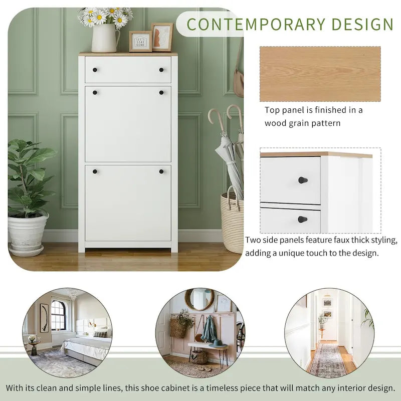Shoe Cabinet with Two Flip Drawers and Wood-Grain Top