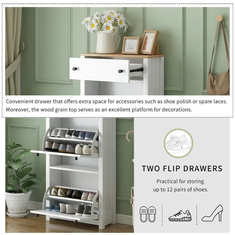 Shoe Cabinet with Two Flip Drawers and Wood-Grain Top