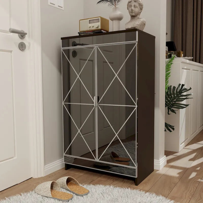 Mirrored Double Door Storage Cabinet with Silver Trim