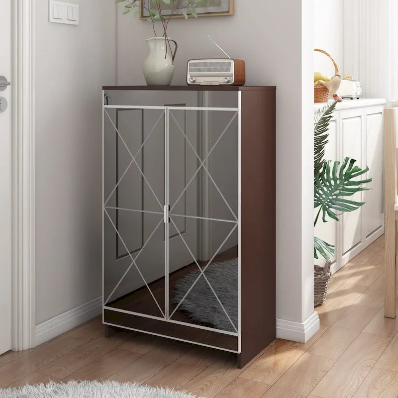 Mirrored Double Door Storage Cabinet with Silver Trim
