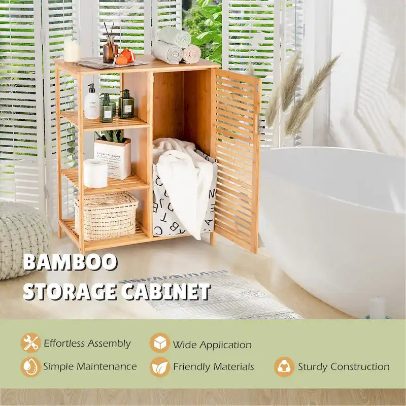 Mobiletto da bagno in bambù con ripiani e un'anta a persiana