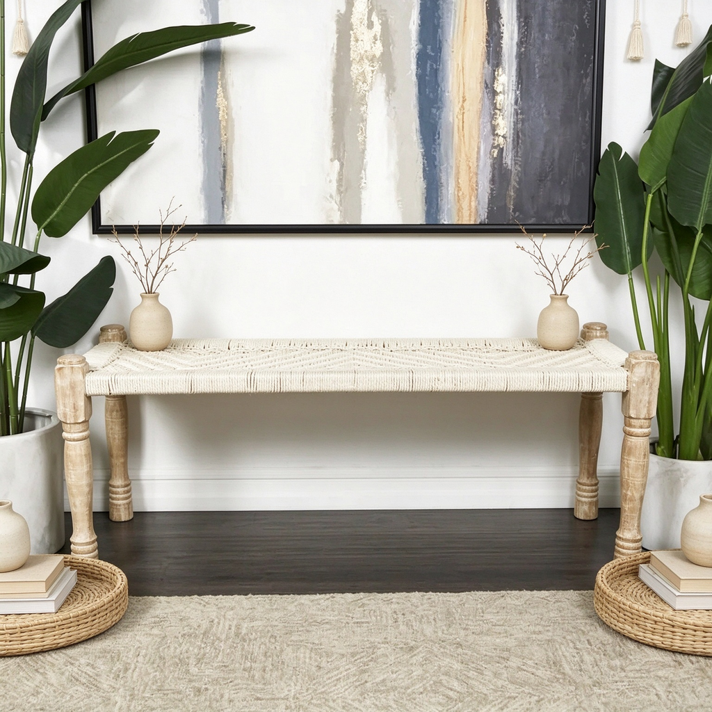 Panca beige in cotone intrecciato con motivo chevron e gambe in legno di mango marrone chiaro