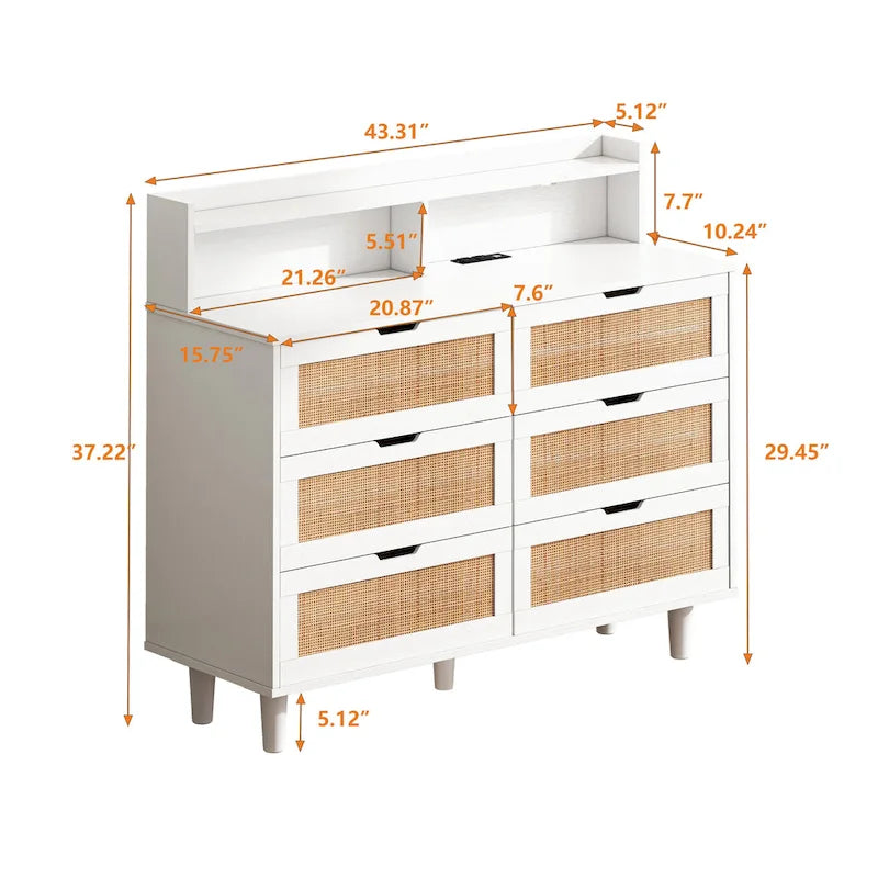 Weißer Rattanschrank mit sechs Schubladen, LED-Leuchten und Steckdose
