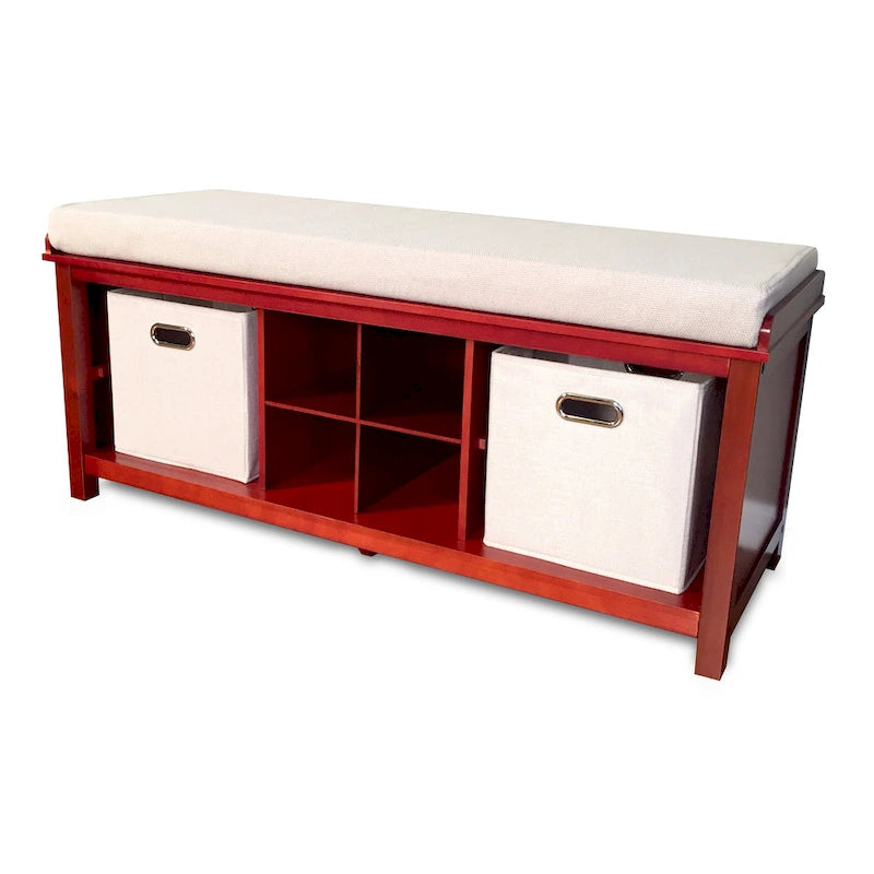 Banco de entrada de madera maciza con almacenamiento para zapatos en caoba roja