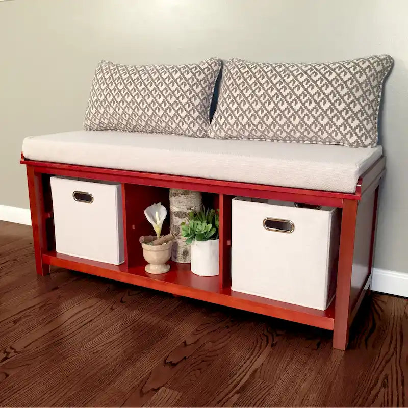 Solid Wood Entryway Bench with Shoe Storage in Red Mahogany