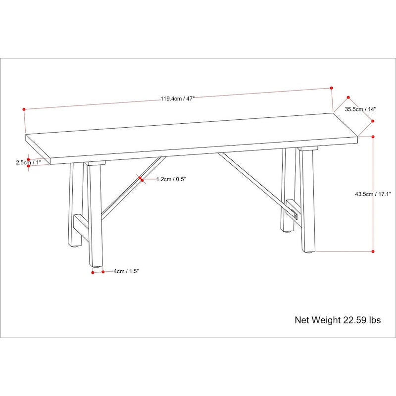 47-Zoll-Industrie-Sitzbank aus massivem Mangoholz mit natürlicher Oberfläche