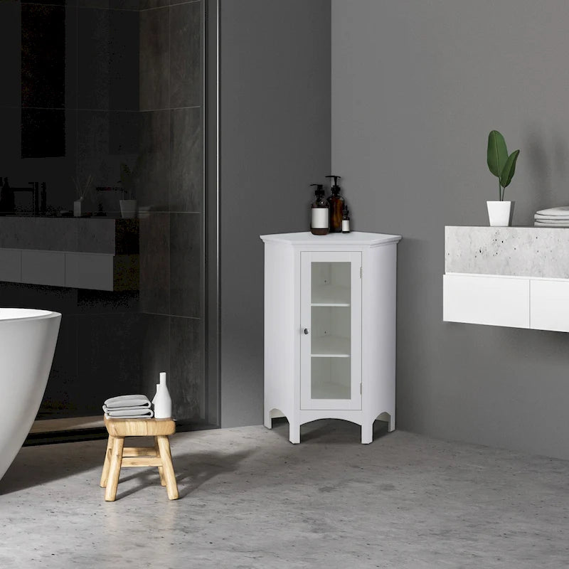Weißer freistehender Eck-Bodenschrank mit Glastür