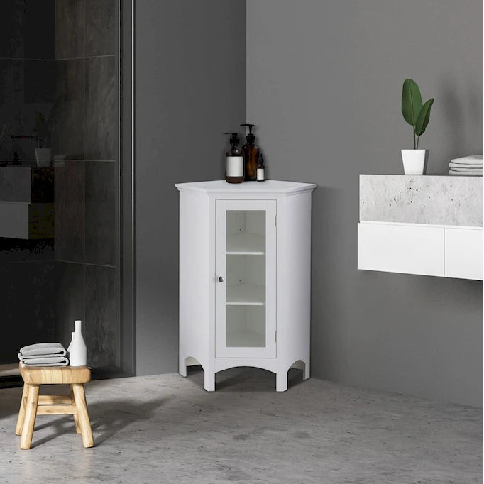 Weißer freistehender Eck-Bodenschrank mit Glastür