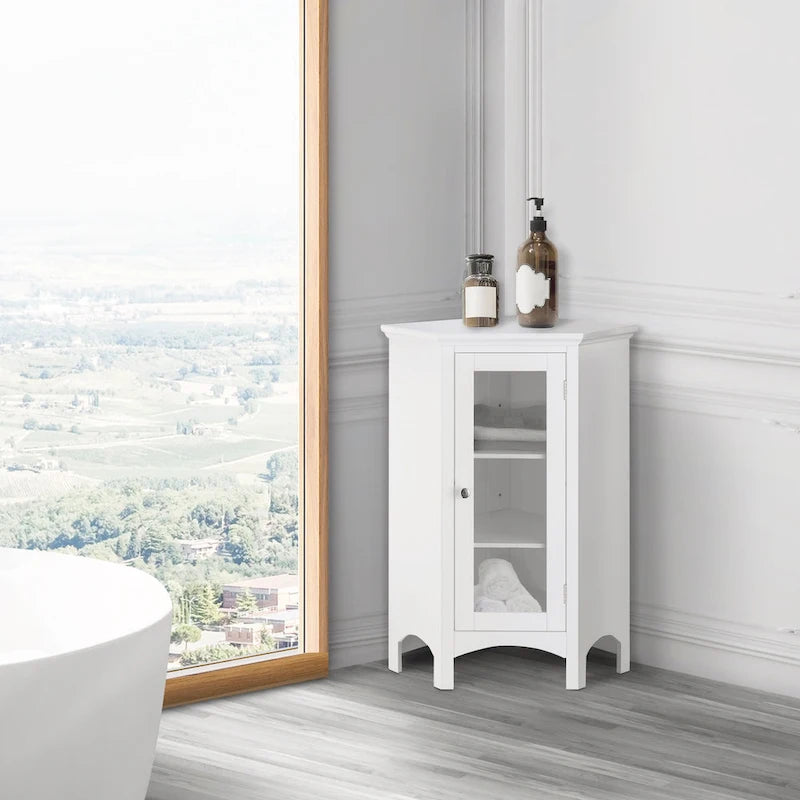 Weißer freistehender Eck-Bodenschrank mit Glastür