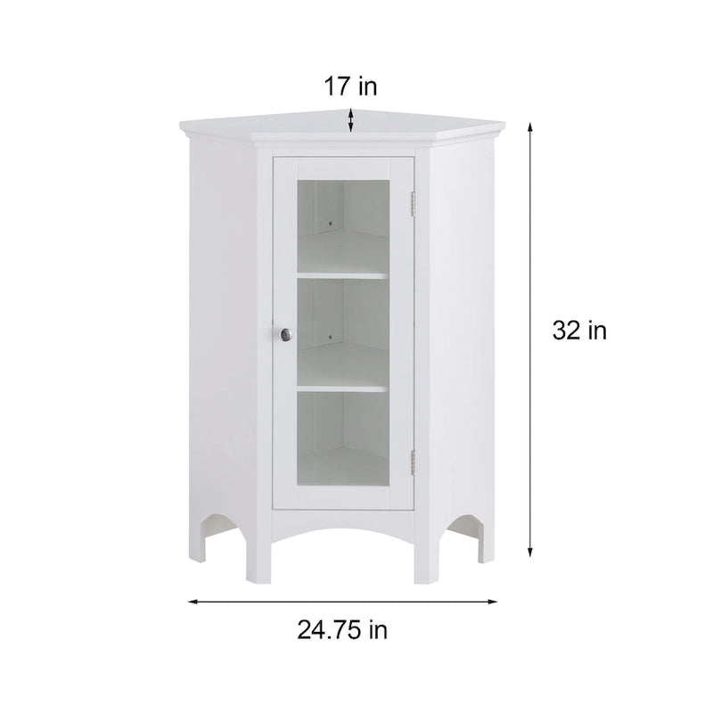 Weißer freistehender Eck-Bodenschrank mit Glastür