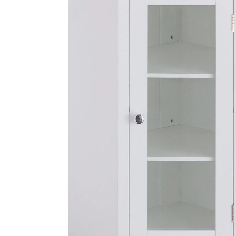Weißer freistehender Eck-Bodenschrank mit Glastür