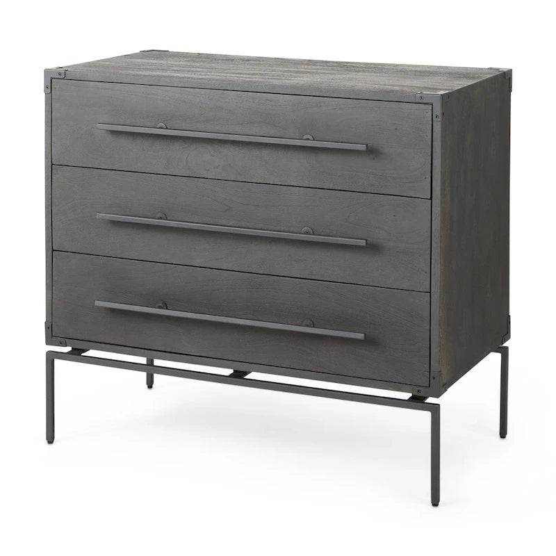 Ward Dark Brown Solid Wood w/ Black Iron Base 3 Drawer Accent Cabinet