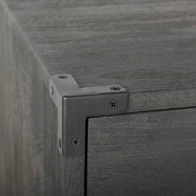 Mobile contenitore d'accento marrone scuro in legno massello con tre cassetti e base in ferro
