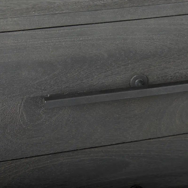 Mobile contenitore d'accento marrone scuro in legno massello con tre cassetti e base in ferro