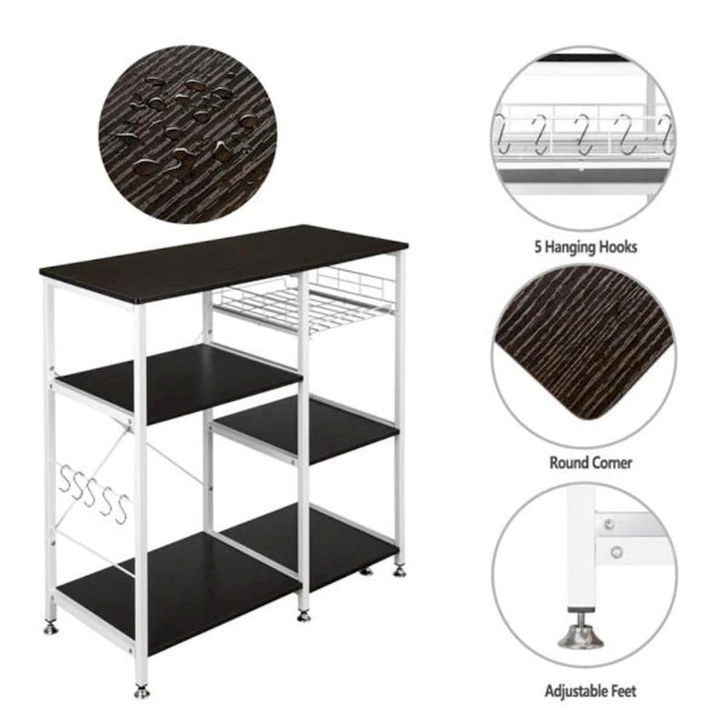 Scaffale da cucina marrone scuro a 3 ripiani con ripiano per microonde