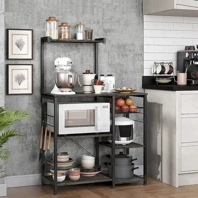 Supporto da cucina per microonde con cestello in filo metallico e sei ganci a S