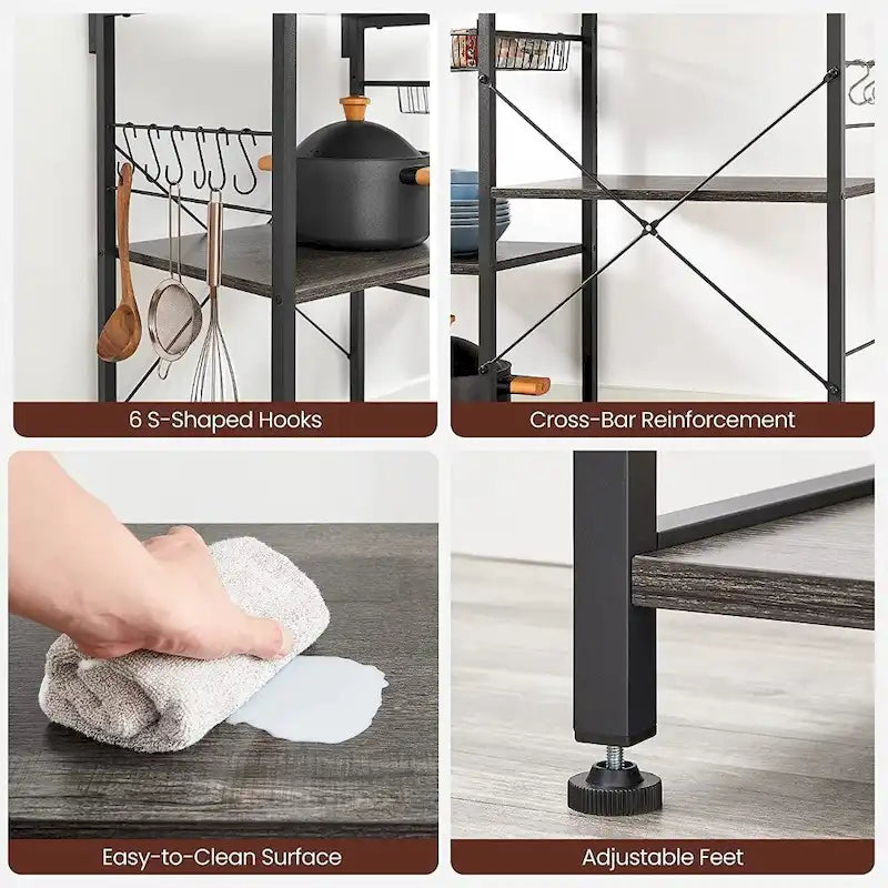 Supporto da cucina per microonde con cestello in filo metallico e sei ganci a S