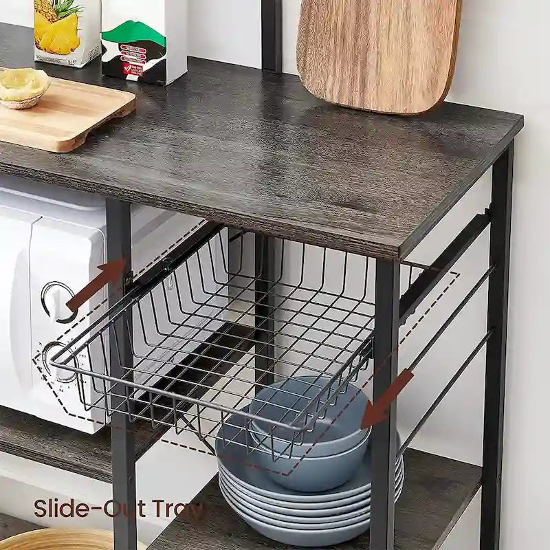 Supporto da cucina per microonde con cestello in filo metallico e sei ganci a S