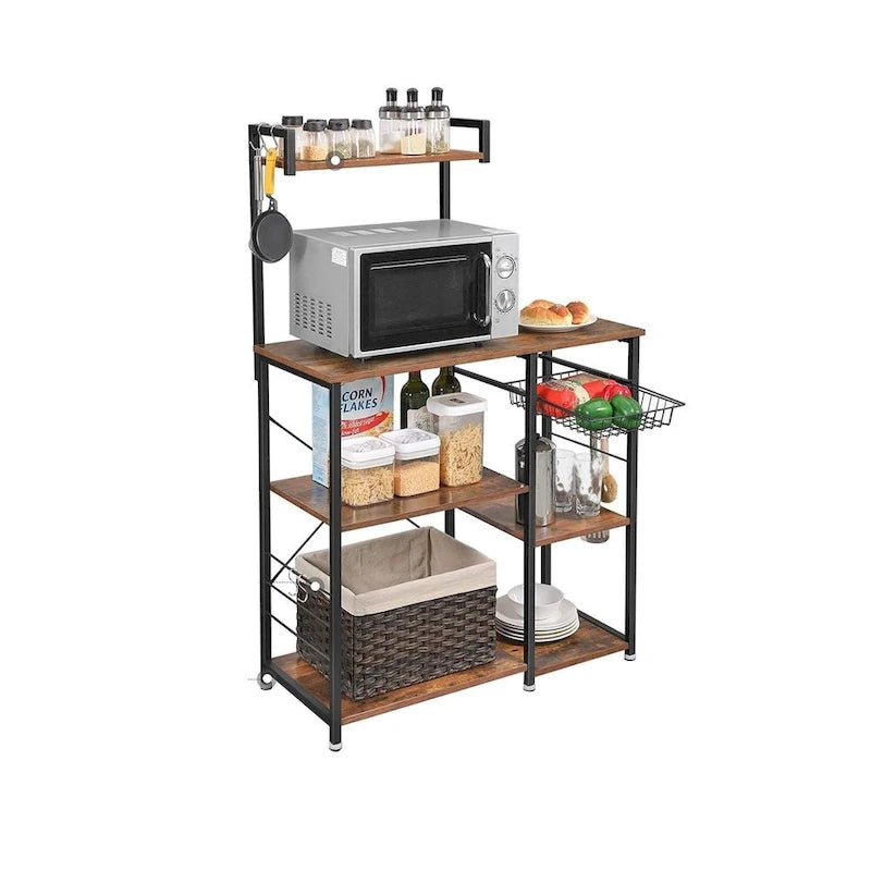 Supporto da cucina per microonde con cestello in filo metallico e sei ganci a S