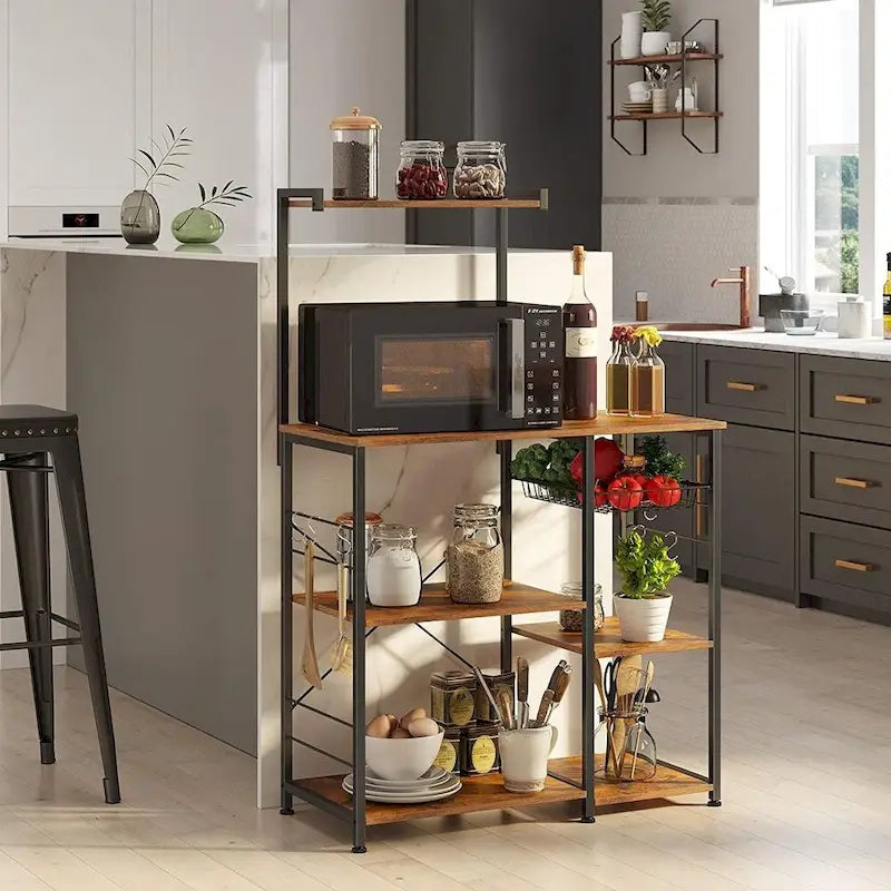 Supporto da cucina per microonde con cestello in filo metallico e sei ganci a S