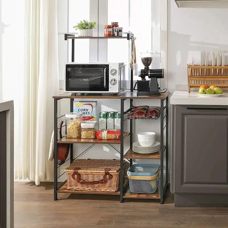 Supporto da cucina per microonde con cestello in filo metallico e sei ganci a S