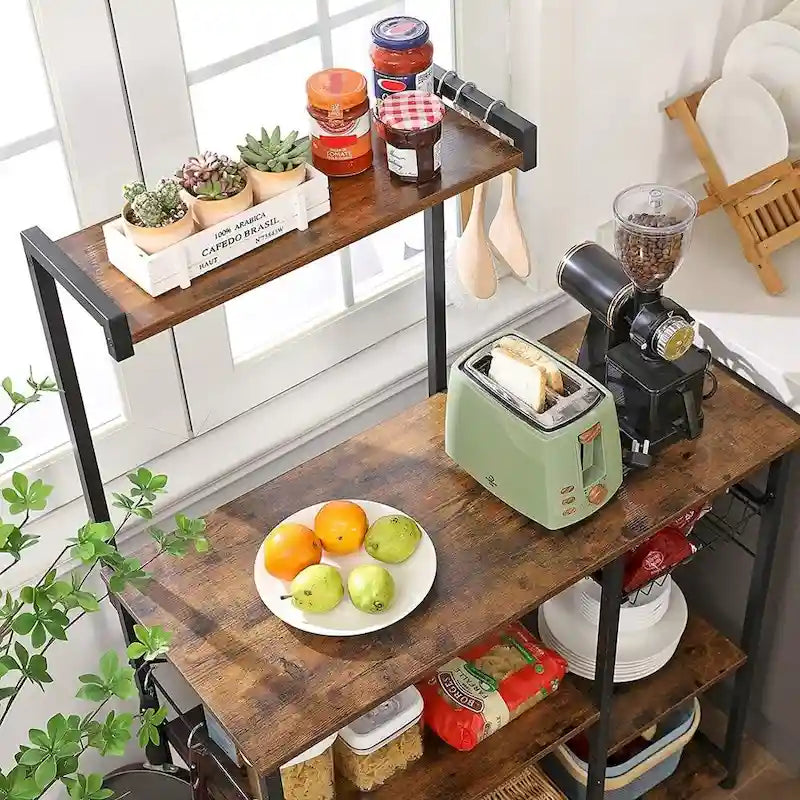 Supporto da cucina per microonde con cestello in filo metallico e sei ganci a S