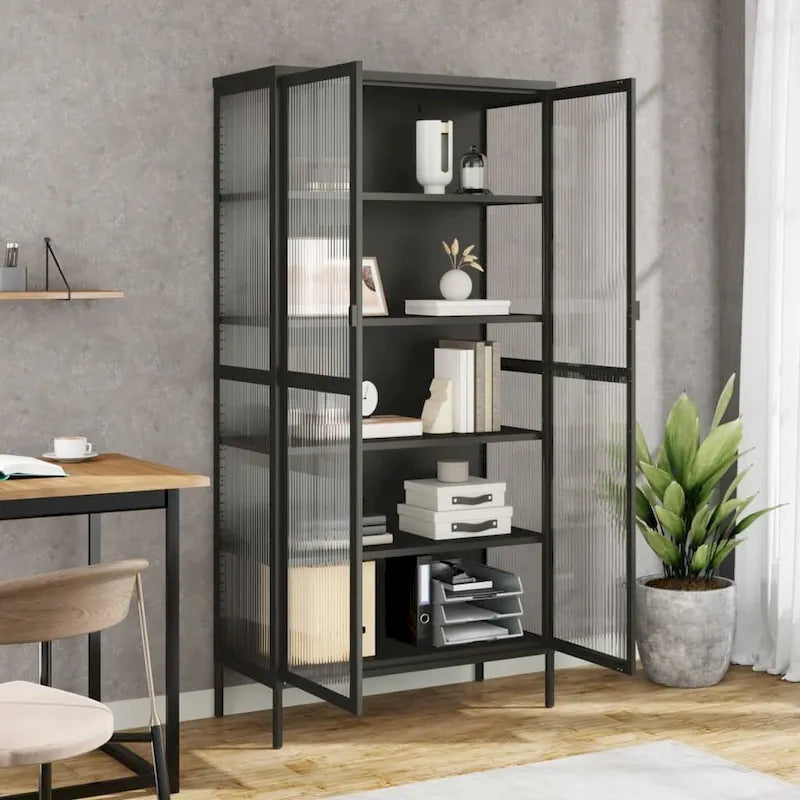 Black Highboard with Fluted Glass and Steel