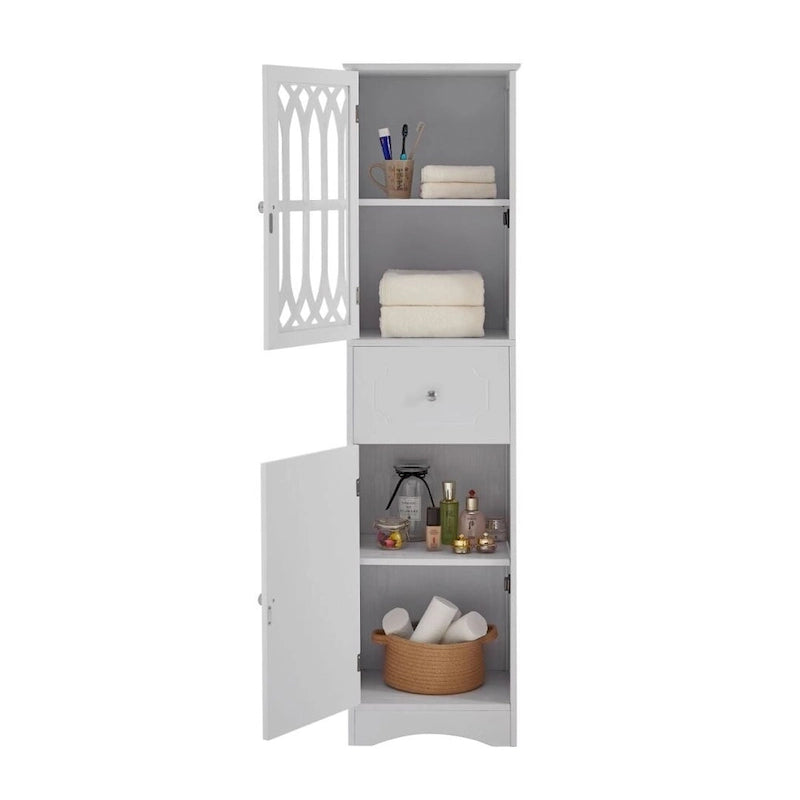 Hoher freistehender Badezimmerschrank mit Schublade und Türen