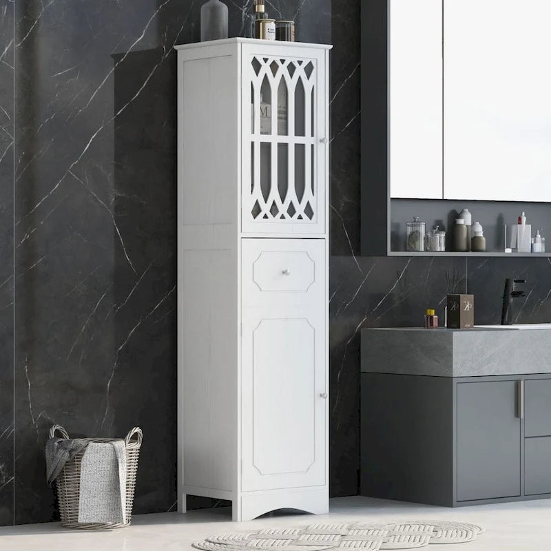 Hoher freistehender Badezimmerschrank mit Schublade und Türen