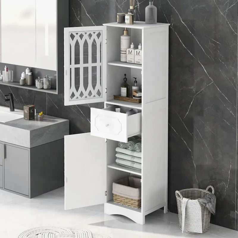 Hoher freistehender Badezimmerschrank mit Schublade und Türen