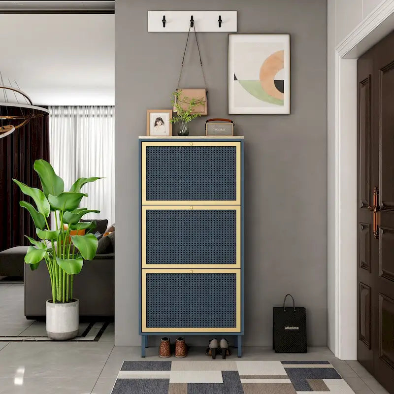 3-Door Freestanding Metal Shoe Storage Cabinet with Rattan-Effect Panels