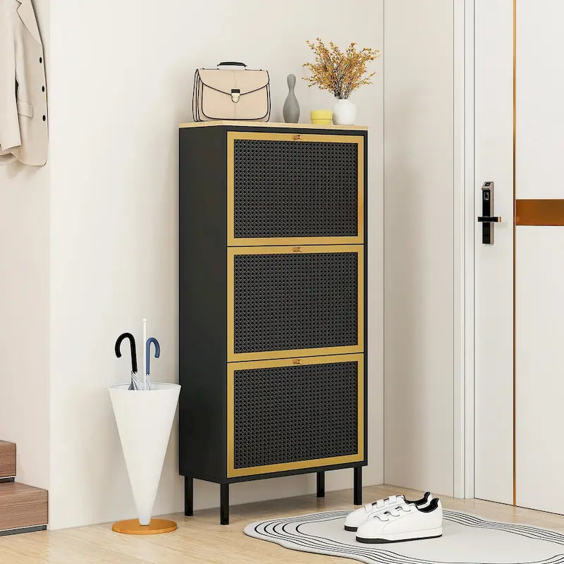 3-Door Freestanding Metal Shoe Storage Cabinet with Rattan-Effect Panels