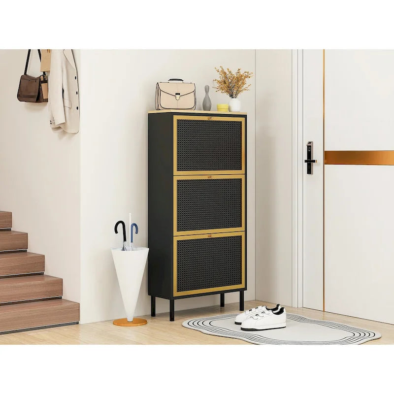3-Door Freestanding Metal Shoe Storage Cabinet with Rattan-Effect Panels
