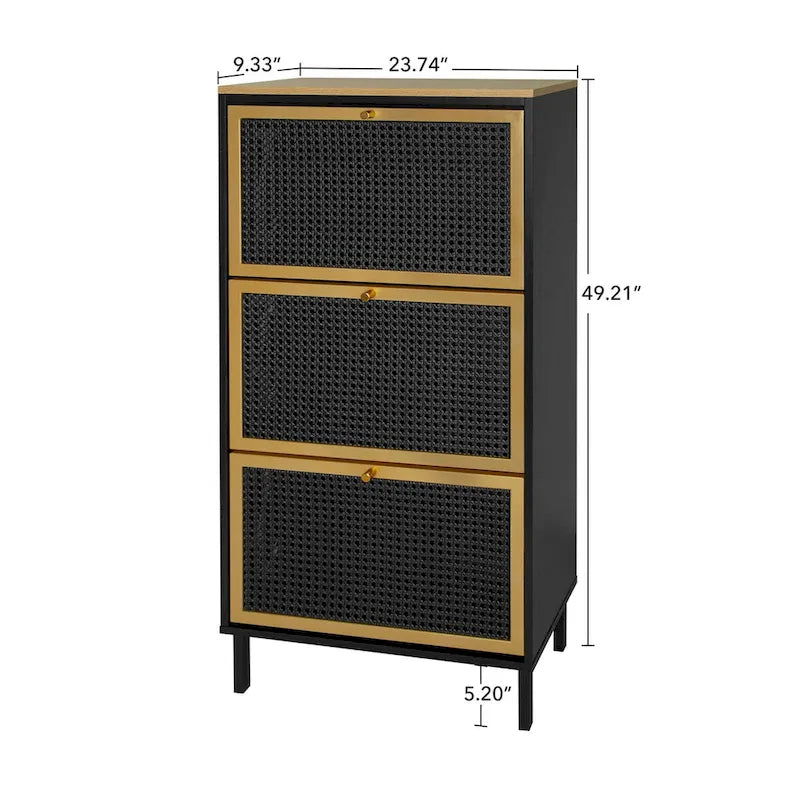 Freistehender Metallschuhschrank mit 3 Türen und Paneelen in Rattan-Optik