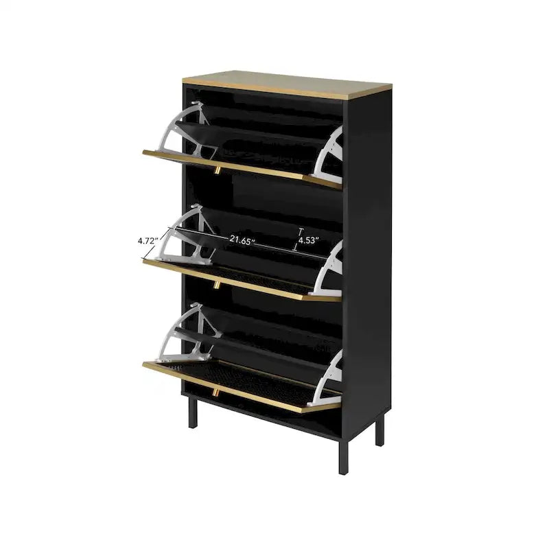 Freistehender Metallschuhschrank mit 3 Türen und Paneelen in Rattan-Optik