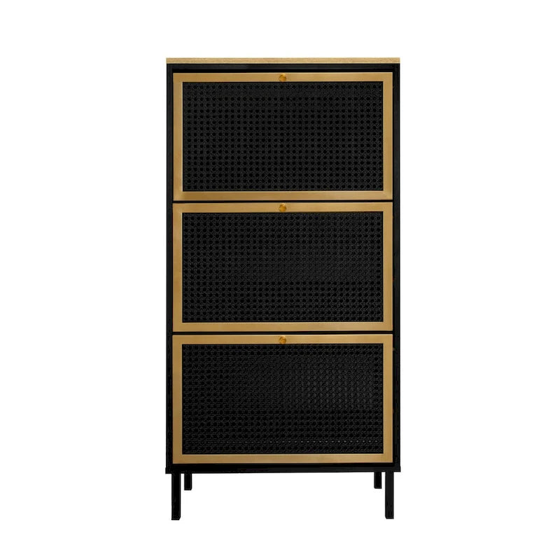 Freistehender Metallschuhschrank mit 3 Türen und Paneelen in Rattan-Optik