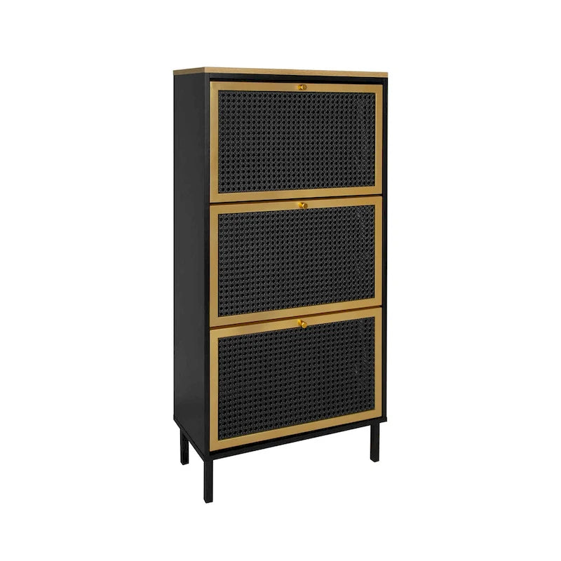 Freistehender Metallschuhschrank mit 3 Türen und Paneelen in Rattan-Optik