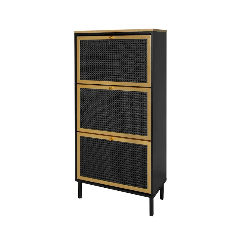 Freistehender Metallschuhschrank mit 3 Türen und Paneelen in Rattan-Optik