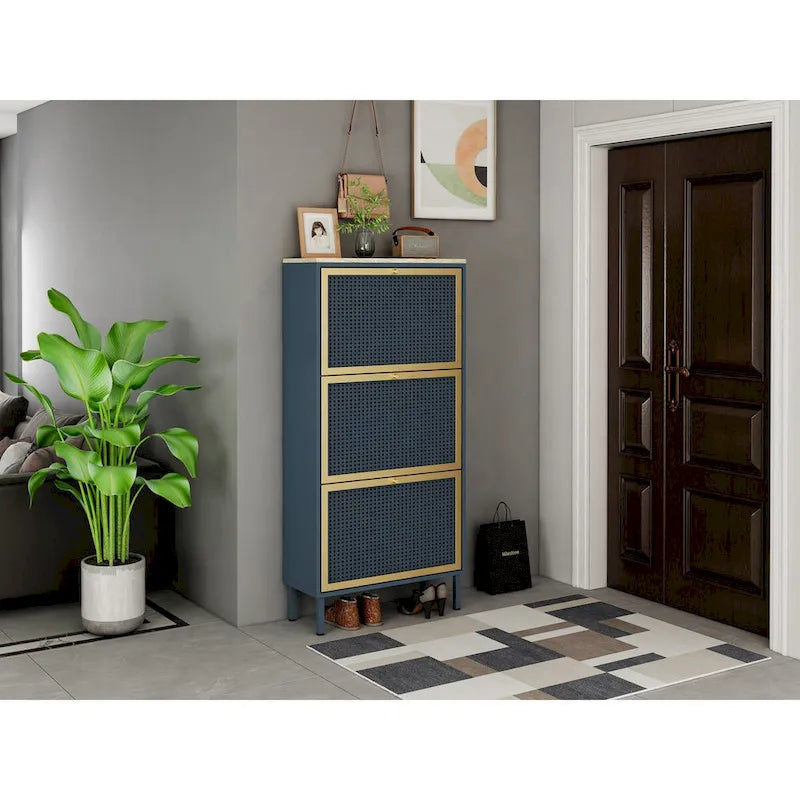 Freistehender Metallschuhschrank mit 3 Türen und Paneelen in Rattan-Optik