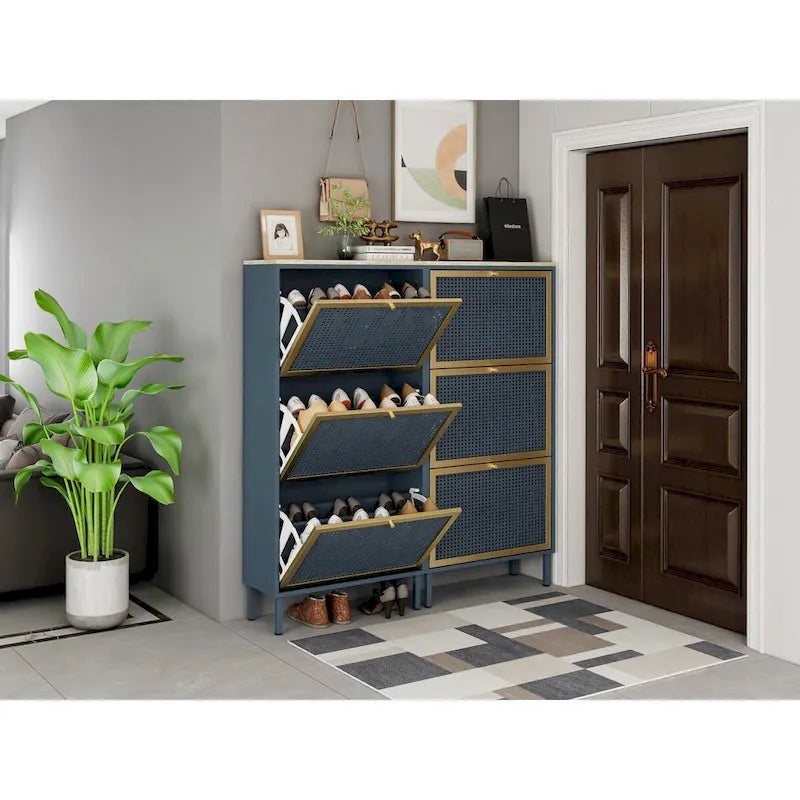Freistehender Metallschuhschrank mit 3 Türen und Paneelen in Rattan-Optik