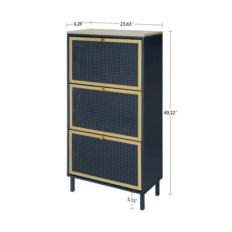 Freistehender Metallschuhschrank mit 3 Türen und Paneelen in Rattan-Optik