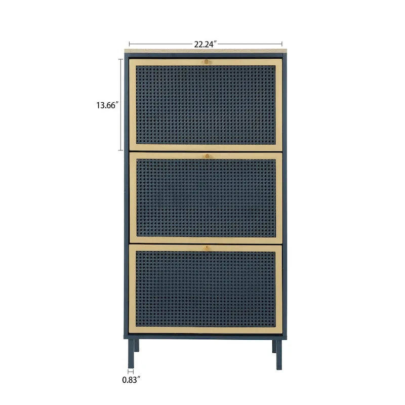 Freistehender Metallschuhschrank mit 3 Türen und Paneelen in Rattan-Optik