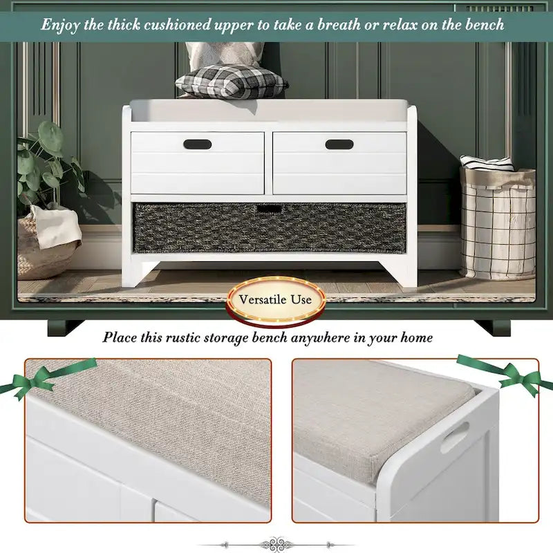 Opbergbank met twee laden, uitneembare mand en gecapitonneerde zitting