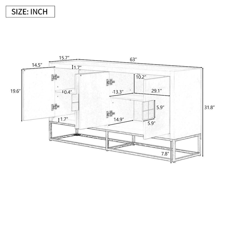 Modern Four-Door Storage Cabinet with Adjustable Shelves and Decorative Legs
