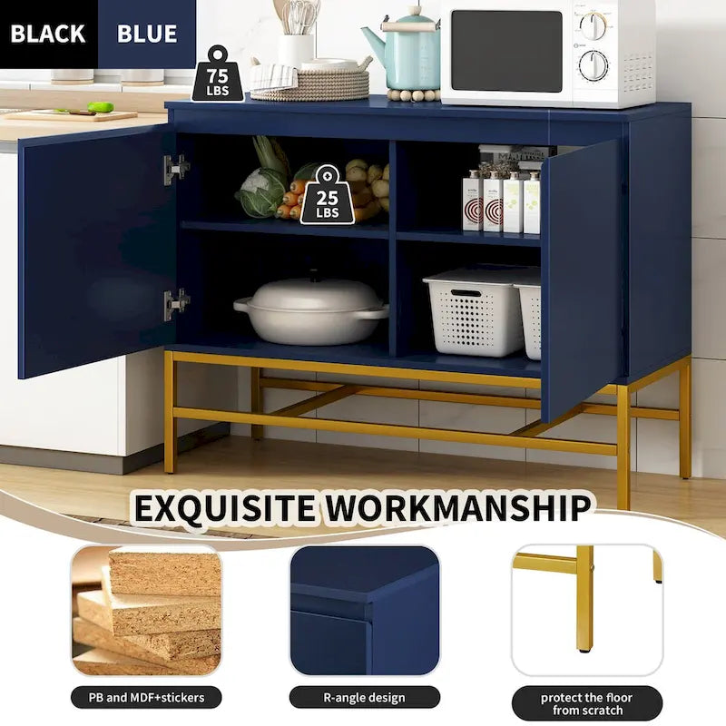 Minimalistisch dressoir met twee deuren en gouden metalen poten