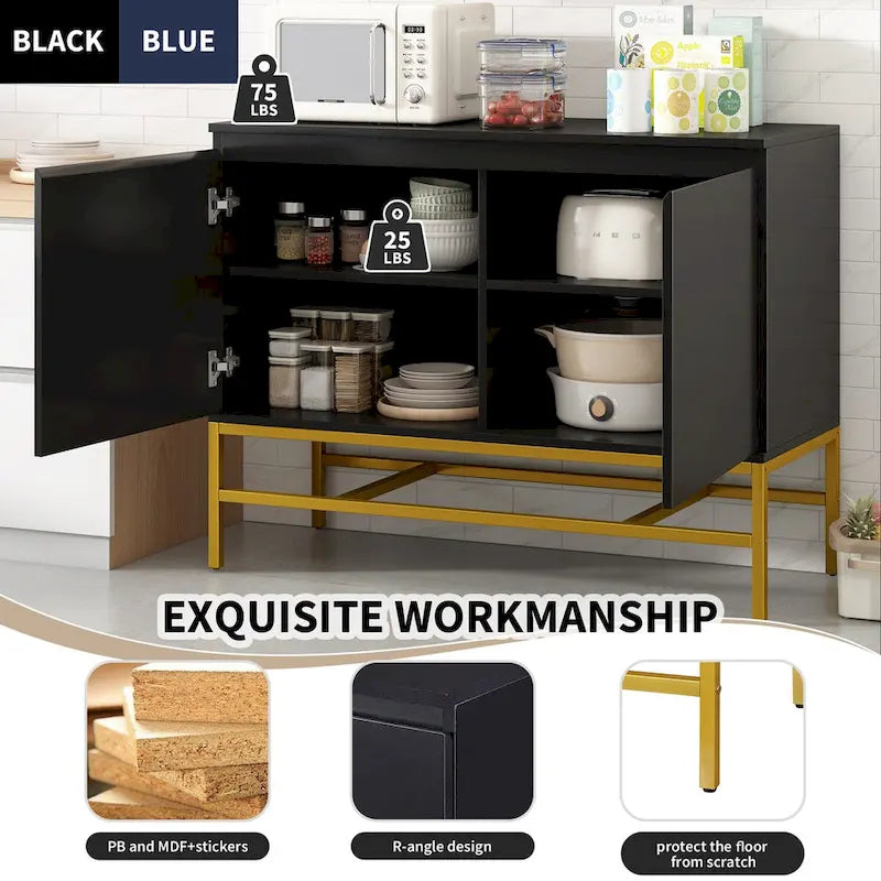 Minimalistisch dressoir met twee deuren en gouden metalen poten