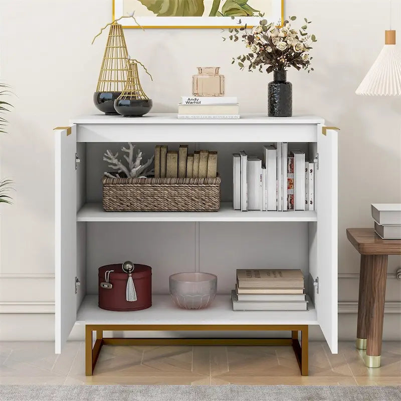 Moderner Buffet-Sideboardschrank mit zwei Türen, Fischgrätenmuster und goldfarbenem Metallfuß