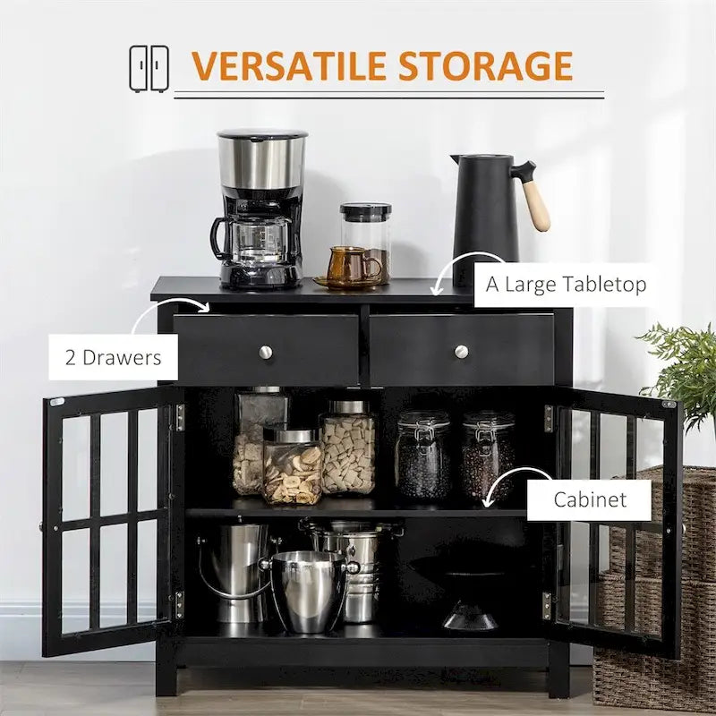 Buffetschrank mit Glastür, verstellbarer Ablage und zwei Schubladen