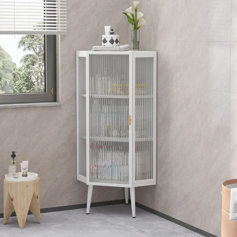Weißer Eckschrank mit drei Ebenen, Tür aus gehärtetem Glas und Einlegeböden